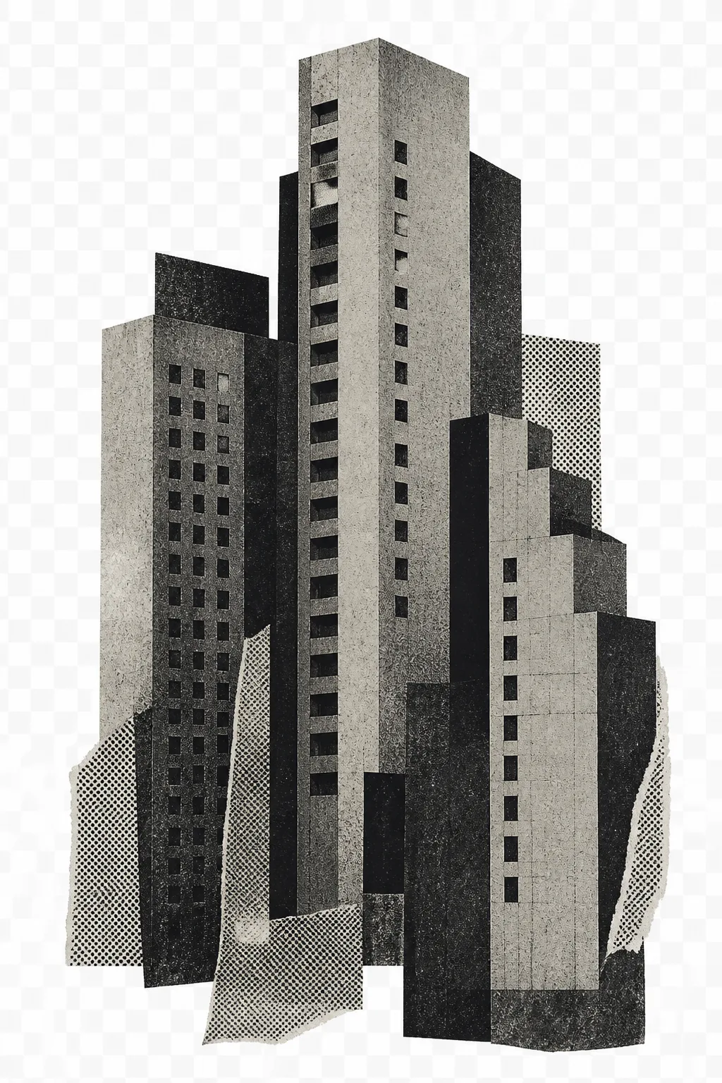 Collage abstrait de verticales urbaines, illustration non factuelle du quartier